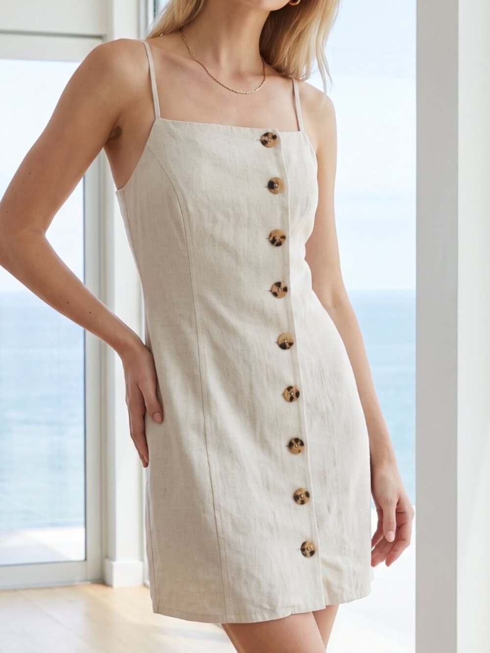 NWT LULUS Chic Objective linen blend natural beige mini dress L